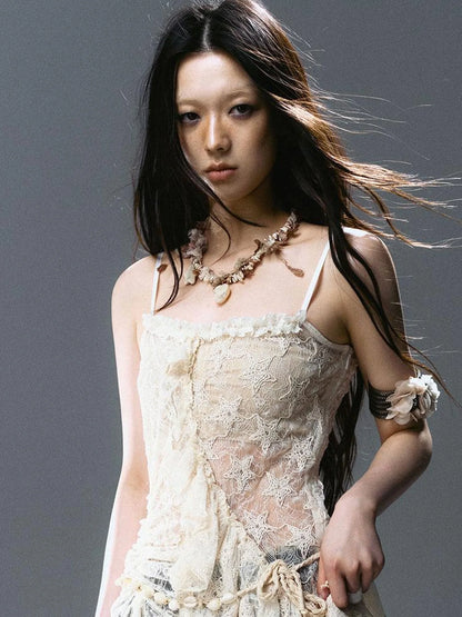 Asymmetric Pleat Lace Mesh Slip Dress