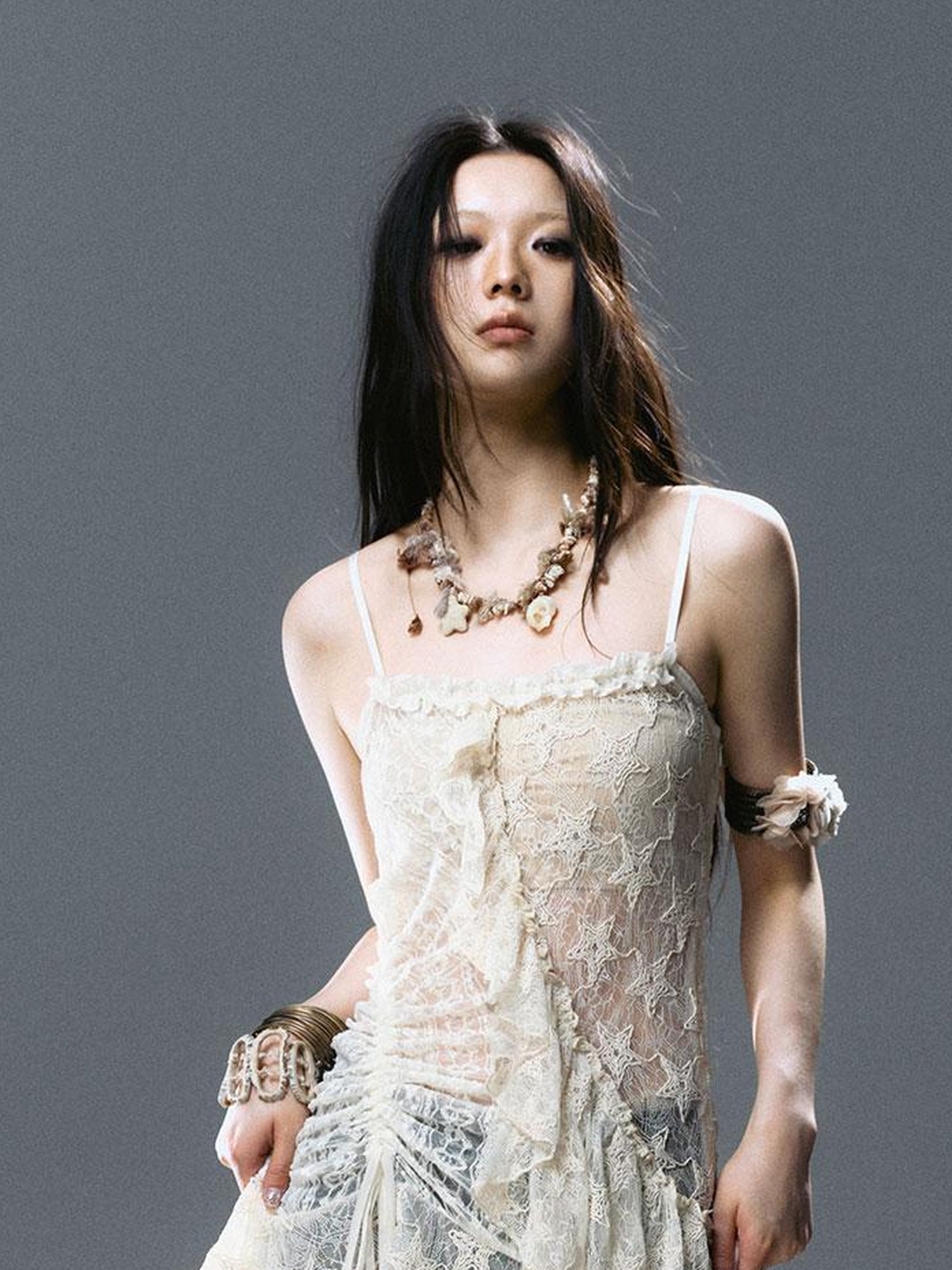 Update c Asymmetric Pleat Lace Mesh Slip Dress