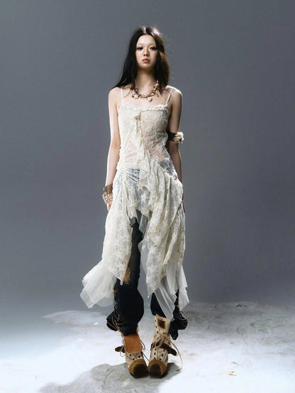 Asymmetric Pleat Lace Mesh Slip Dress