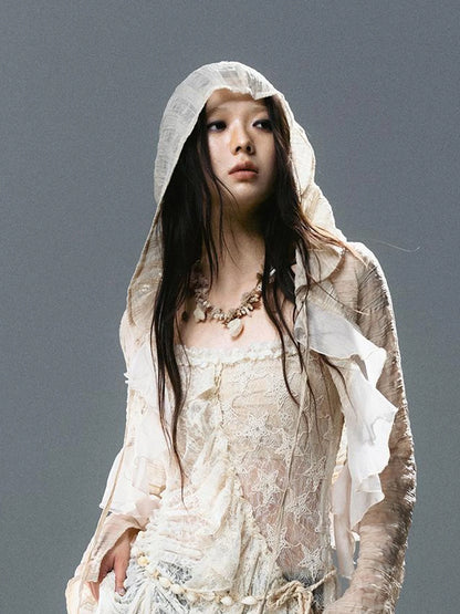 Asymmetric Pleat Lace Mesh Slip Dress