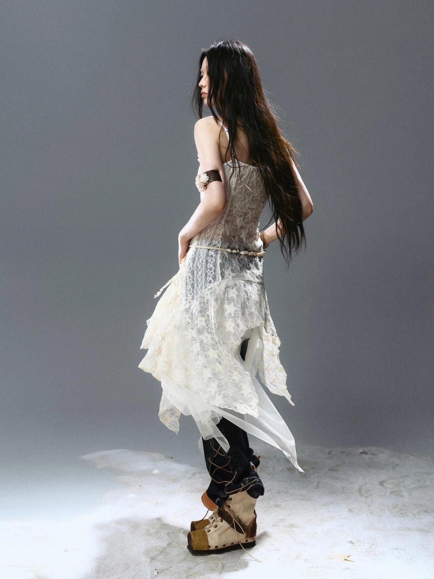 Asymmetric Pleat Lace Mesh Slip Dress