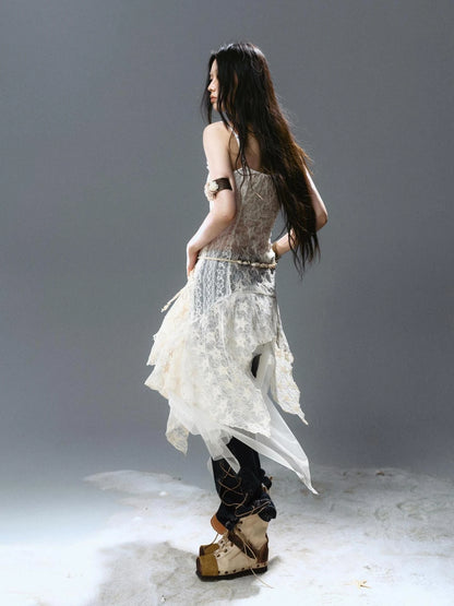 Asymmetric Pleat Lace Mesh Slip Dress