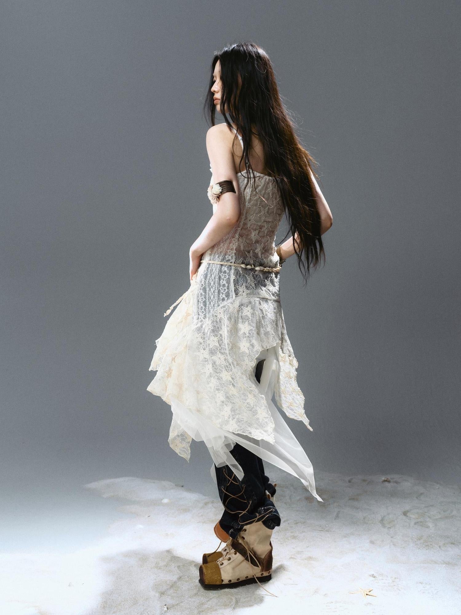 Update c Asymmetric Pleat Lace Mesh Slip Dress