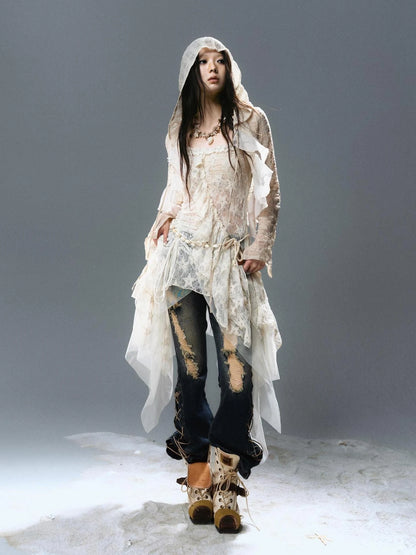 Asymmetric Pleat Lace Mesh Slip Dress