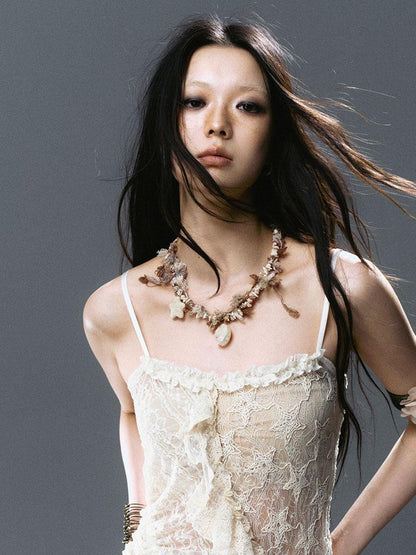 Update c Asymmetric Pleat Lace Mesh Slip Dress
