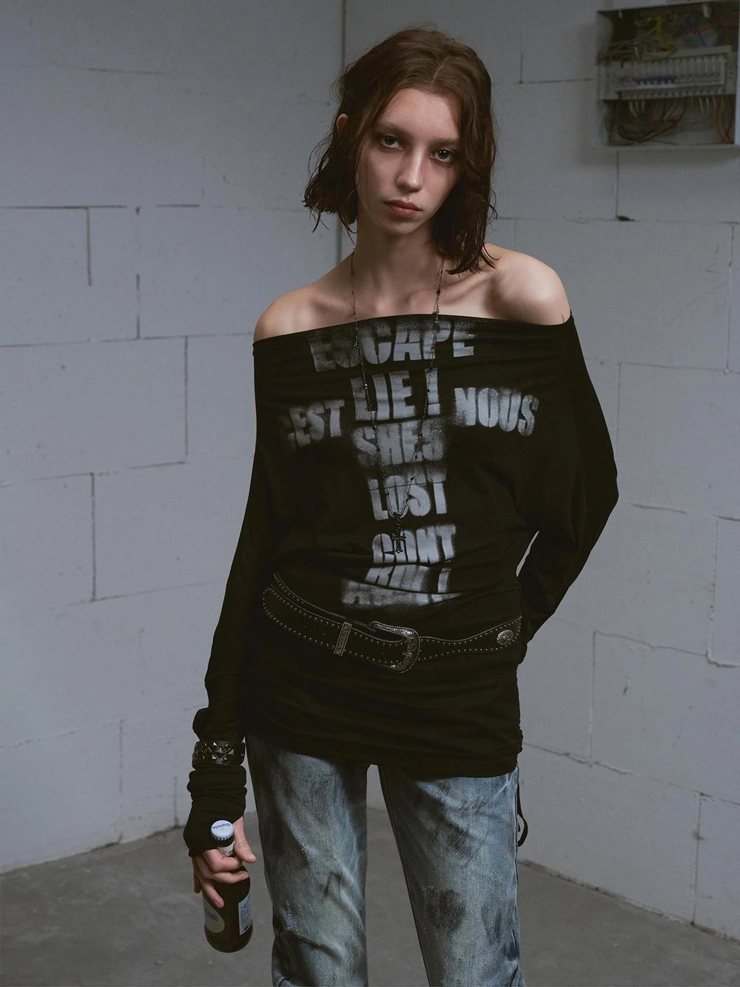 Cross Print Rayon Batwing Long Sleeve Tee