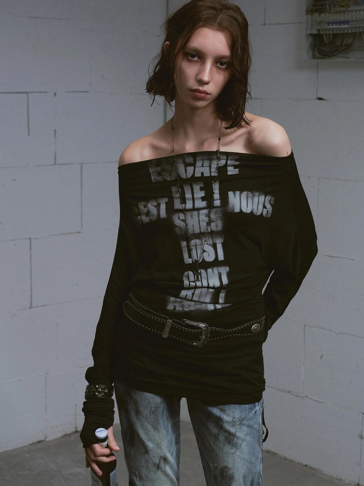 Cross Print Rayon Batwing Long Sleeve Tee