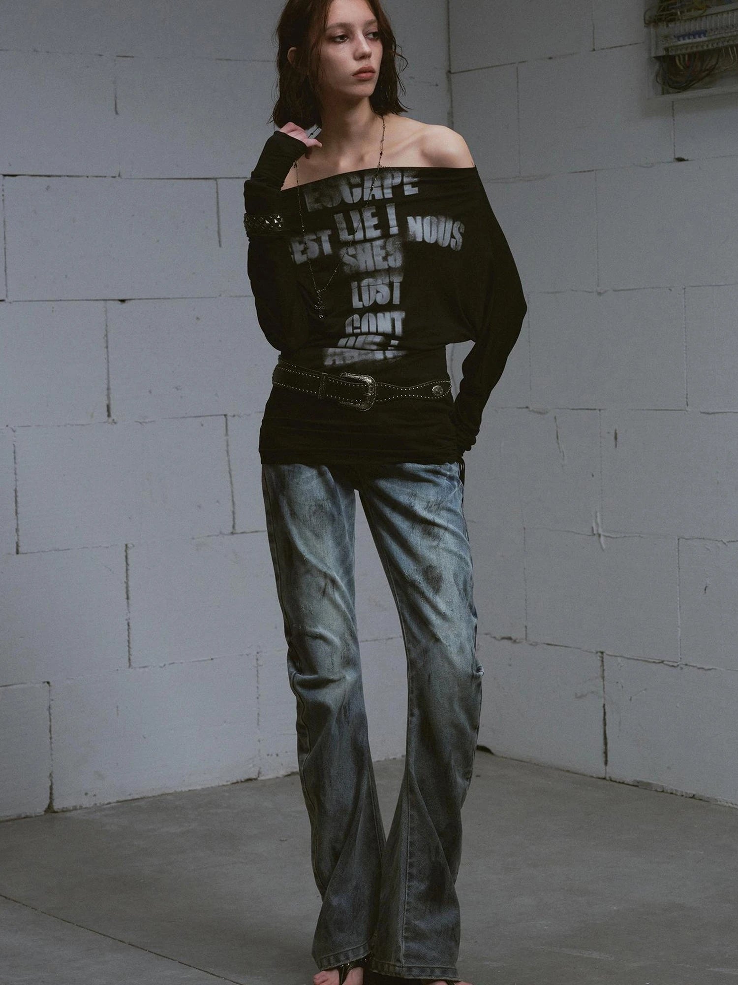 Cross Print Rayon Batwing Long Sleeve Tee