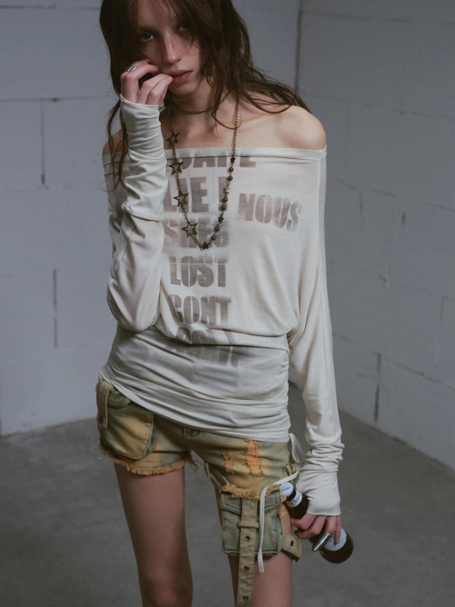 Cross Print Rayon Batwing Long Sleeve Tee