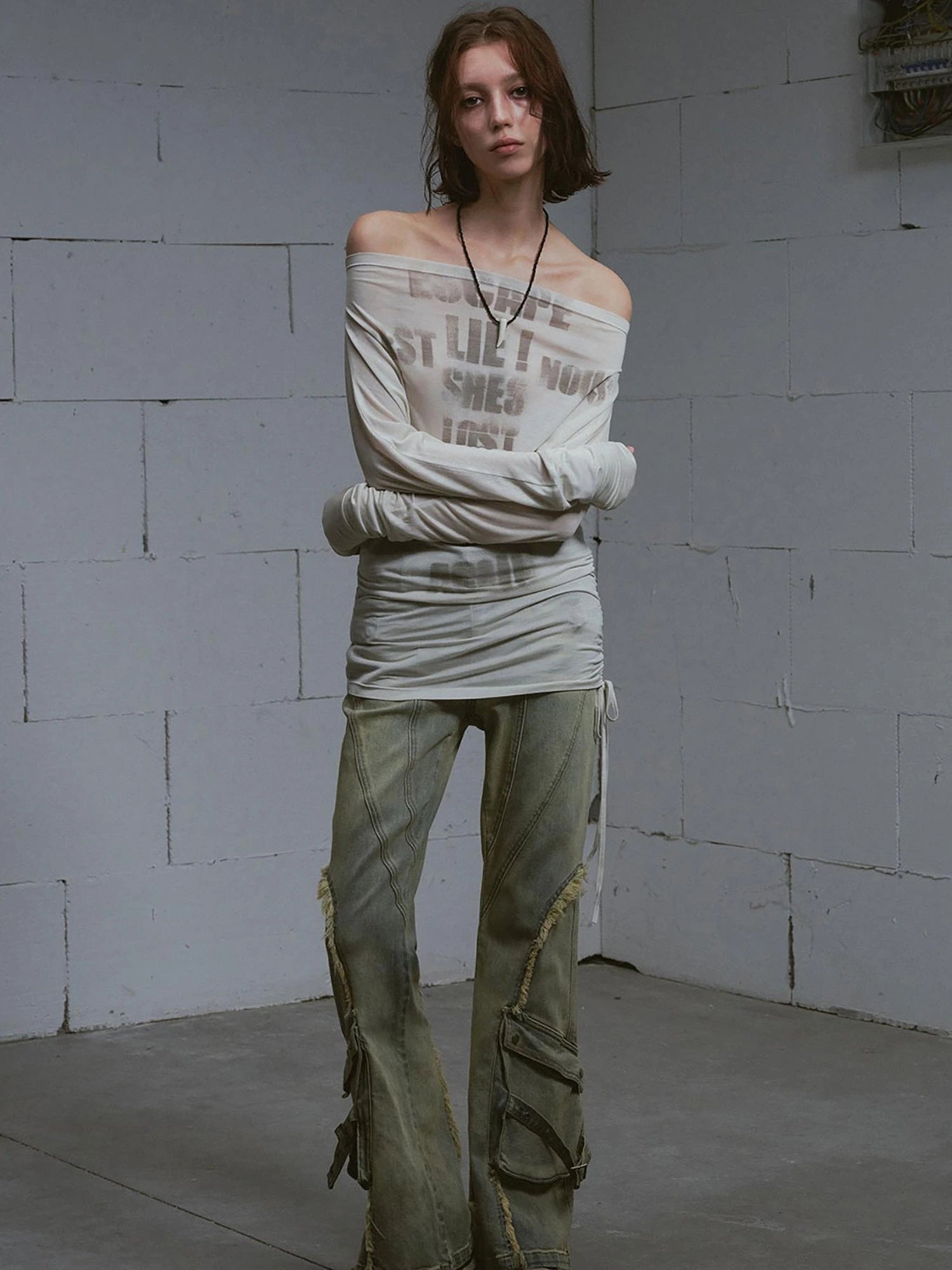 Cross Print Rayon Batwing Long Sleeve Tee