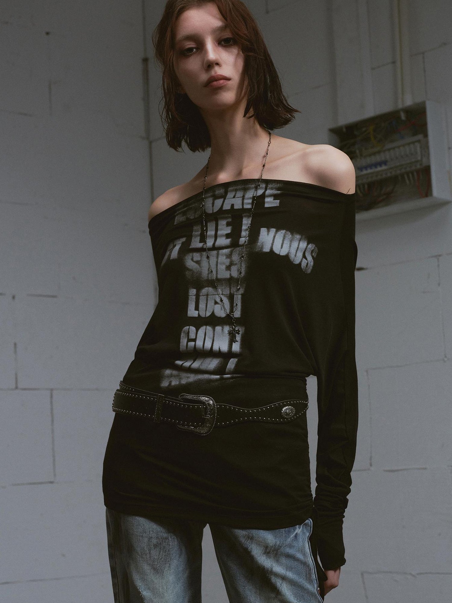 Update c Cross Print Rayon Batwing Long Sleeve Tee