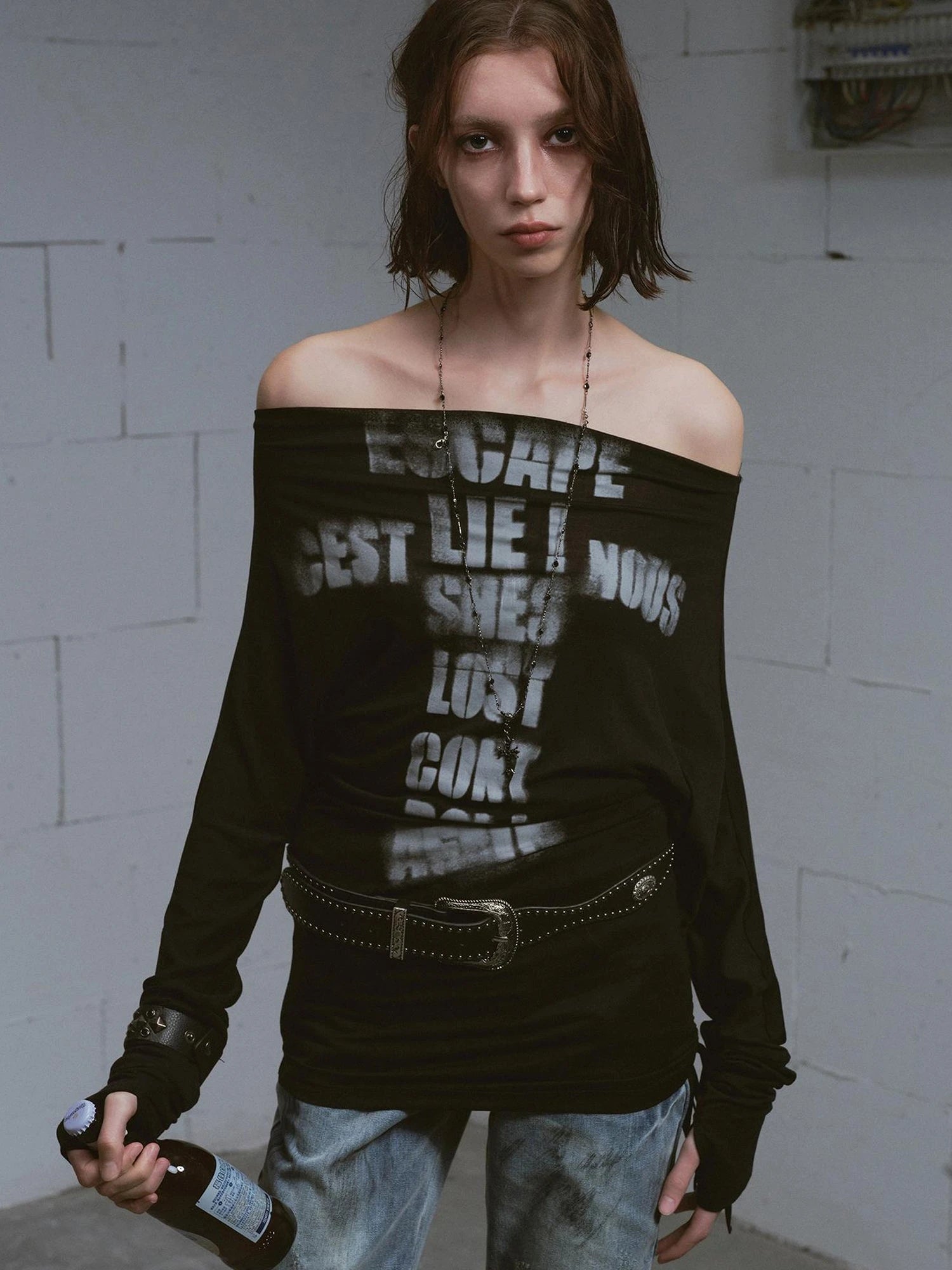 Cross Print Rayon Batwing Long Sleeve Tee