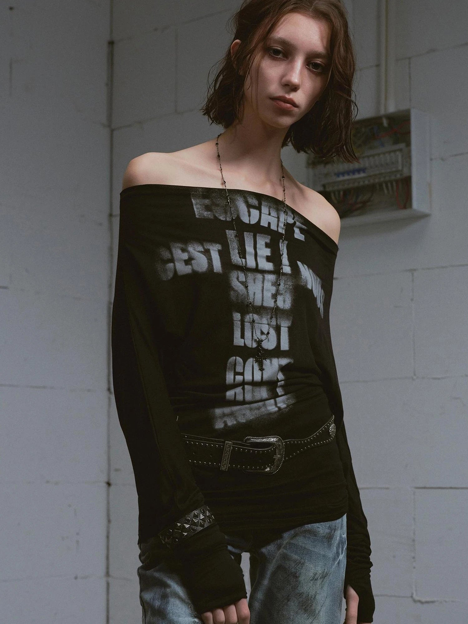 Cross Print Rayon Batwing Long Sleeve Tee