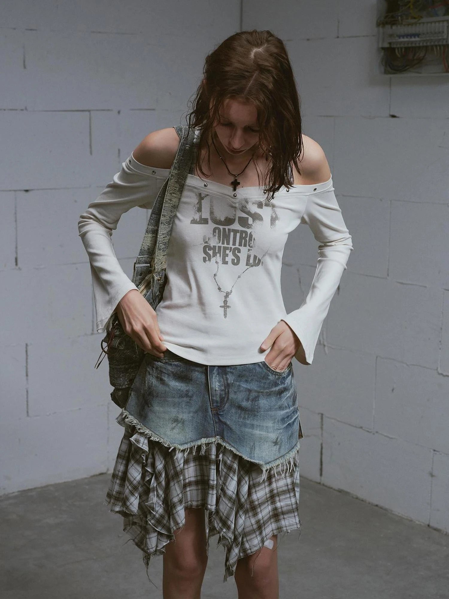 Dirty Wash Deconstructed Checkered Denim Skirt