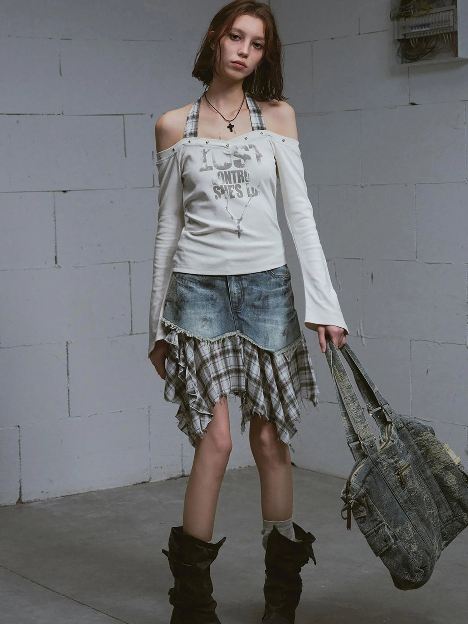 Dirty Wash Deconstructed Checkered Denim Skirt