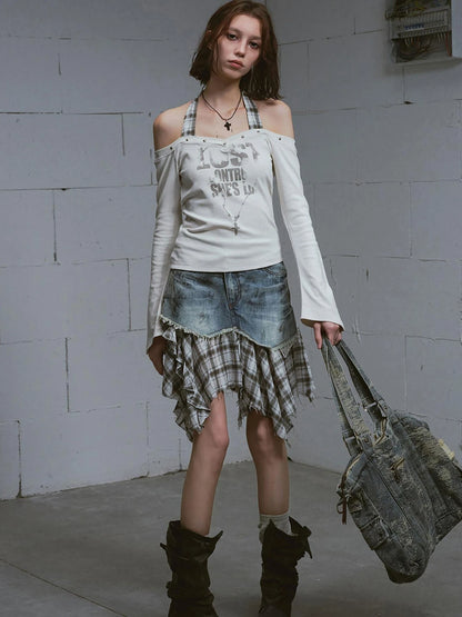 Dirty Wash Deconstructed Checkered Denim Skirt