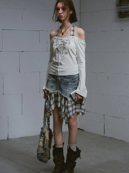 Dirty Wash Deconstructed Checkered Denim Skirt