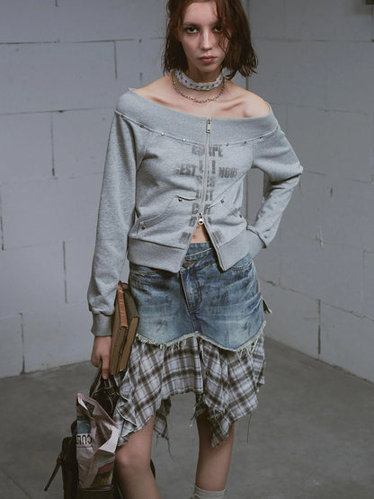 Dirty Wash Deconstructed Checkered Denim Skirt