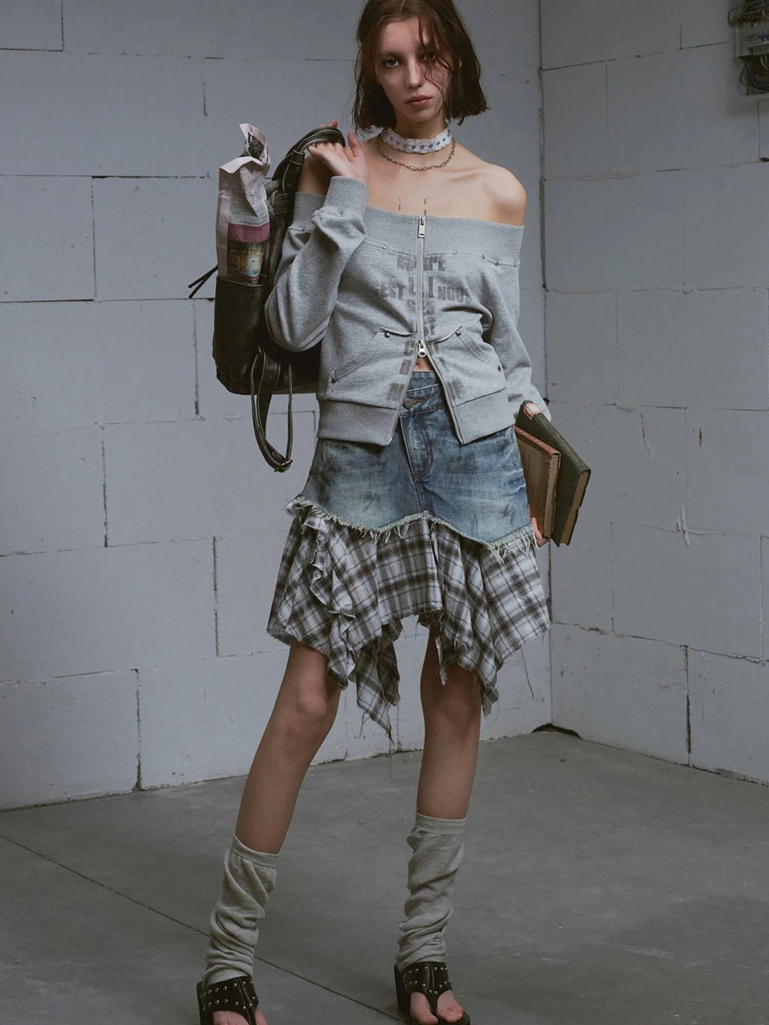 Dirty Wash Deconstructed Checkered Denim Skirt
