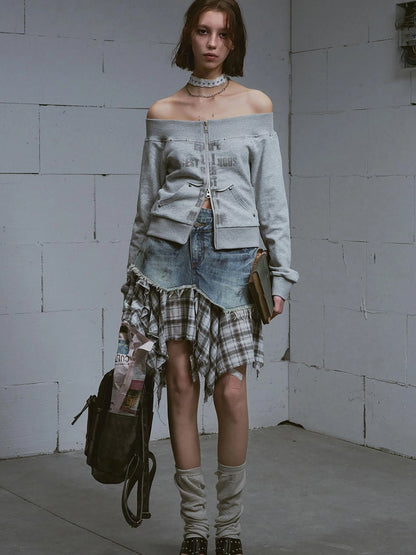 Dirty Wash Deconstructed Checkered Denim Skirt