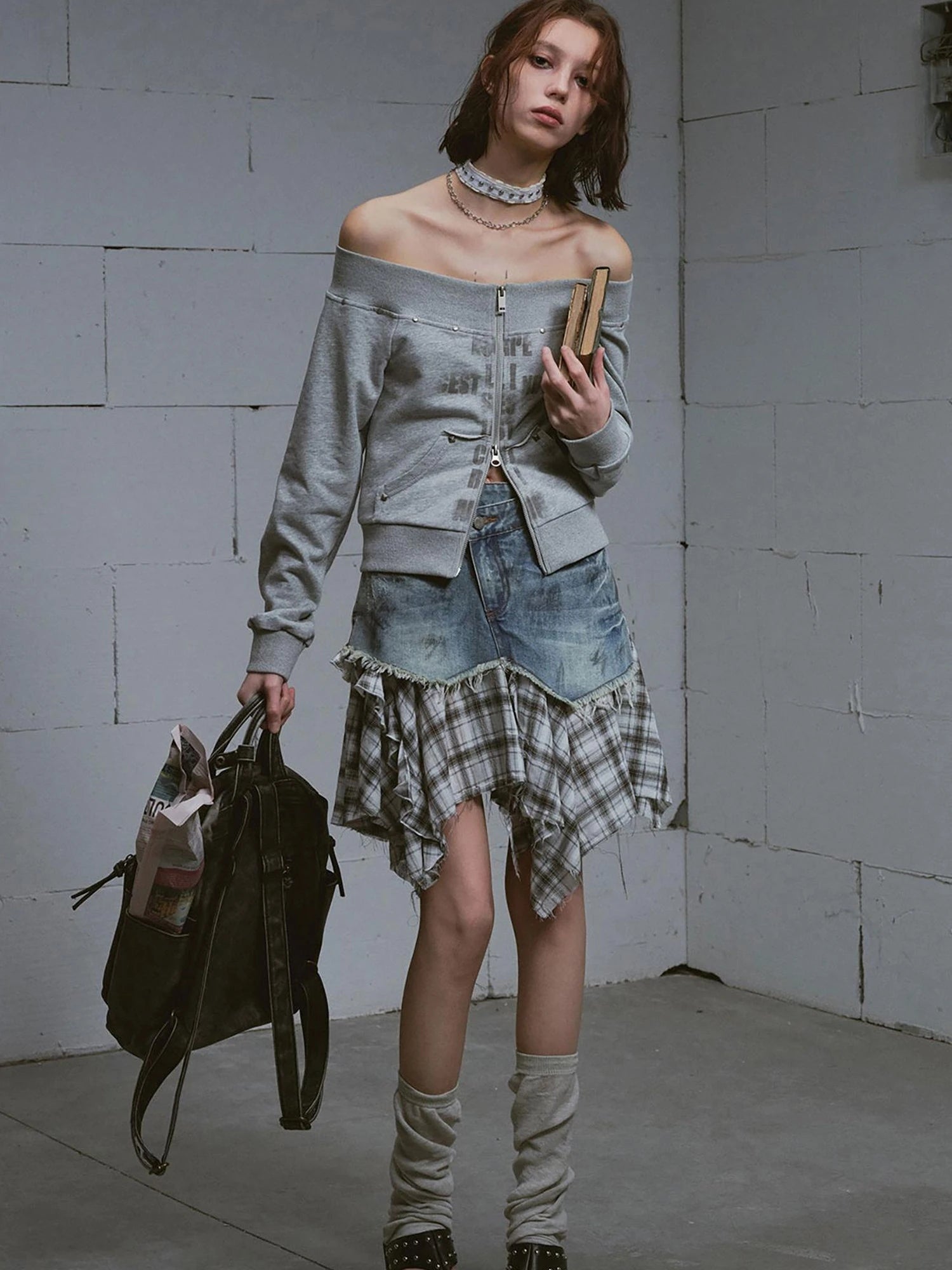 Dirty Wash Deconstructed Checkered Denim Skirt