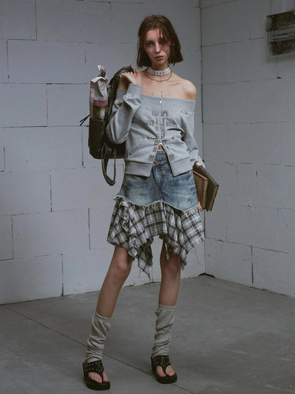 Dirty Wash Deconstructed Checkered Denim Skirt