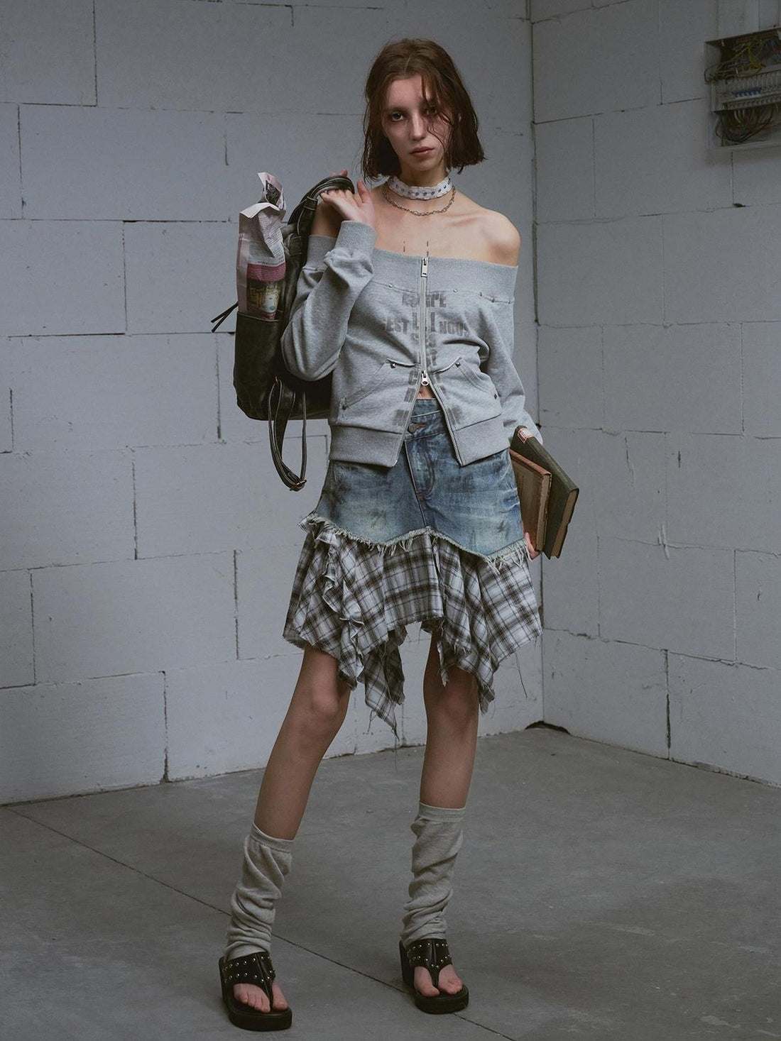 Update c Dirty Wash Deconstructed Checkered Denim Skirt