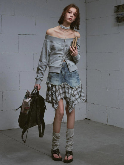 Dirty Wash Deconstructed Checkered Denim Skirt