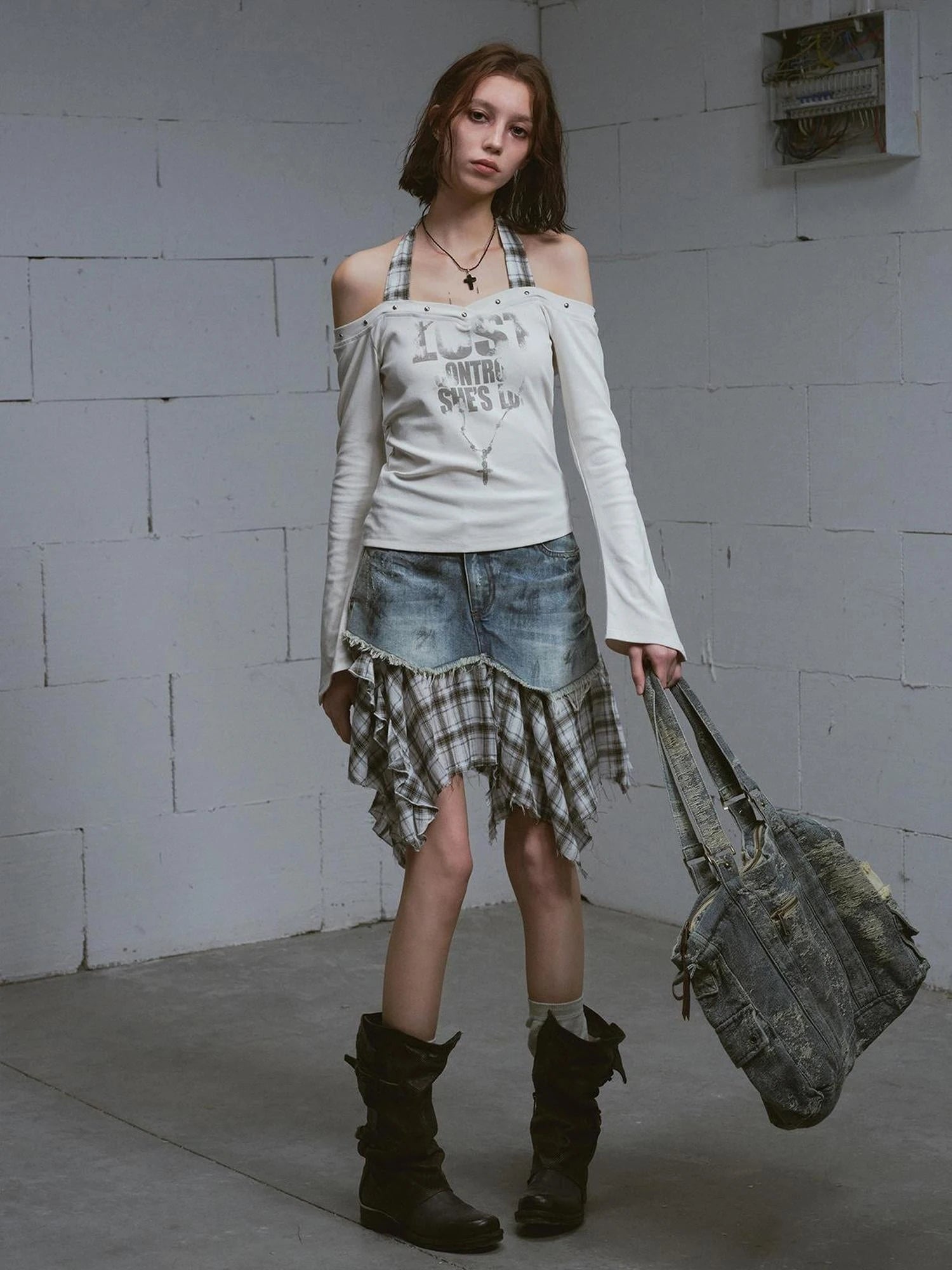 Dirty Wash Deconstructed Checkered Denim Skirt