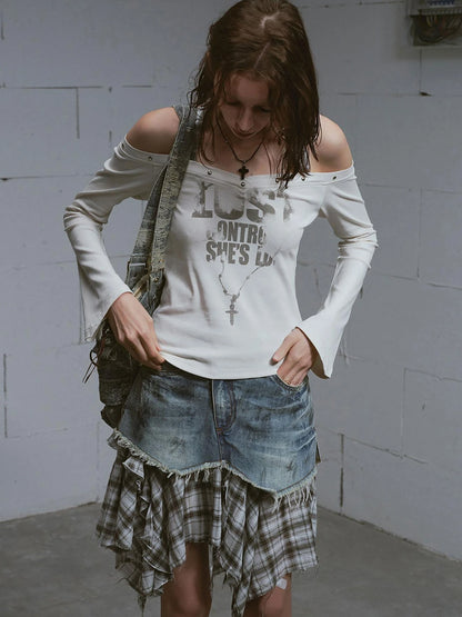 Dirty Wash Deconstructed Checkered Denim Skirt