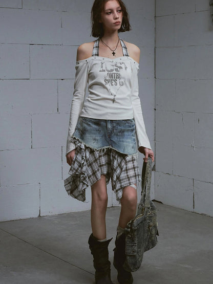 Dirty Wash Deconstructed Checkered Denim Skirt