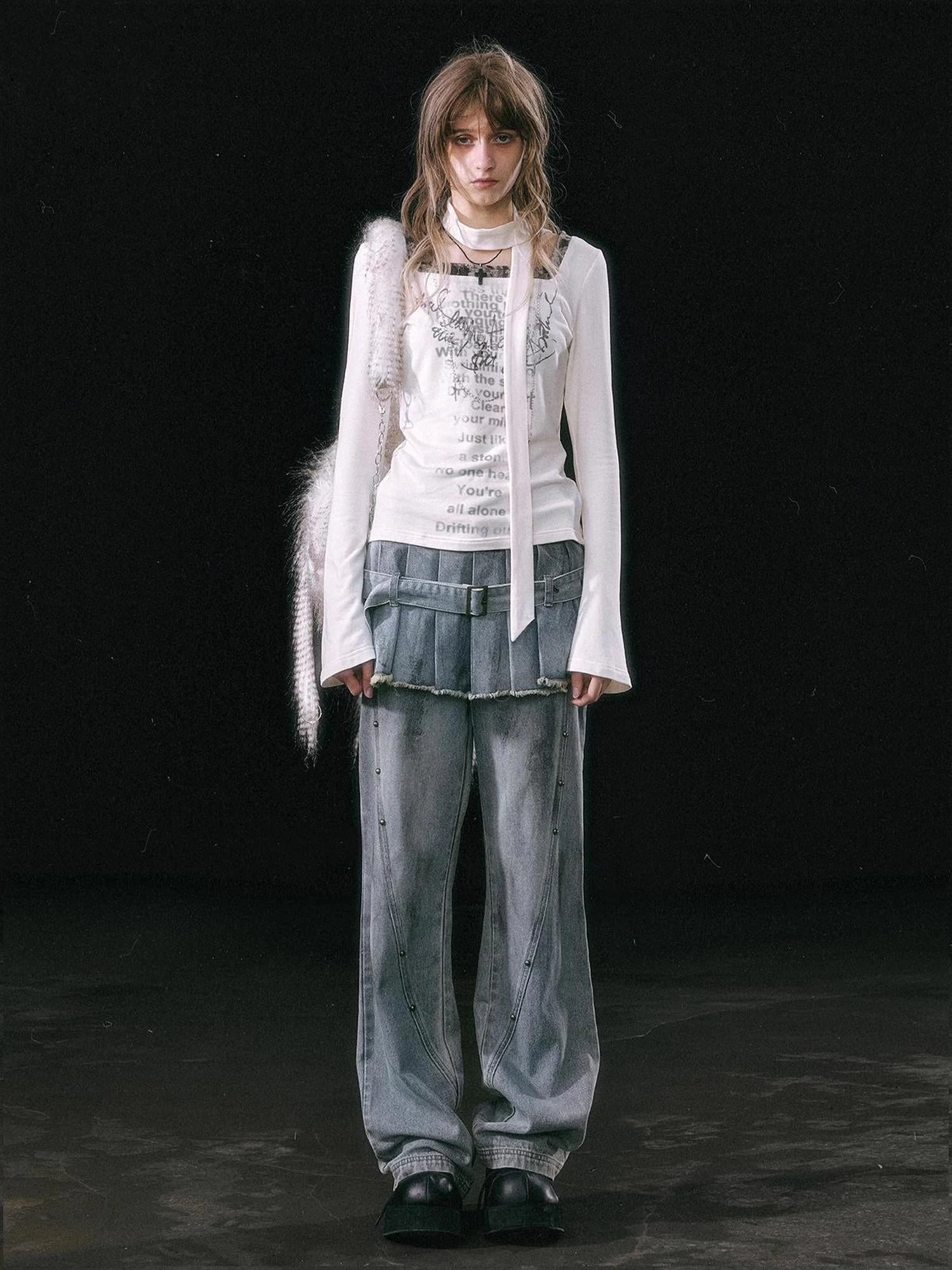 Dirty Wash Denim Cargo Culottes With Pleated Skirt