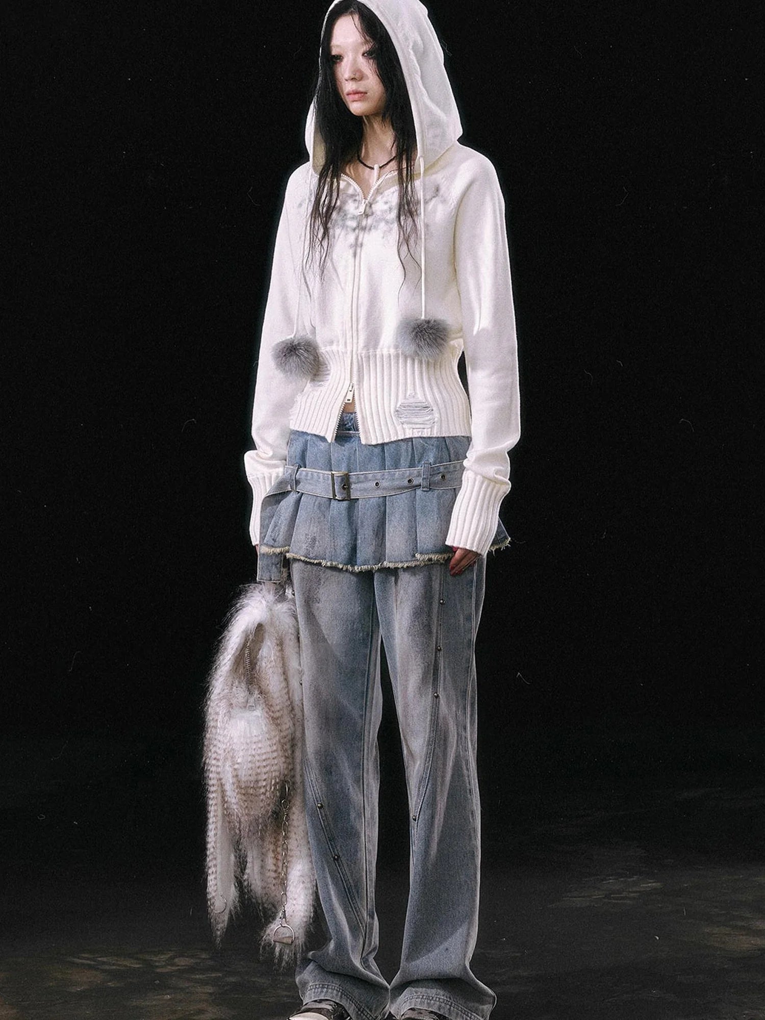 Dirty Wash Denim Cargo Culottes With Pleated Skirt