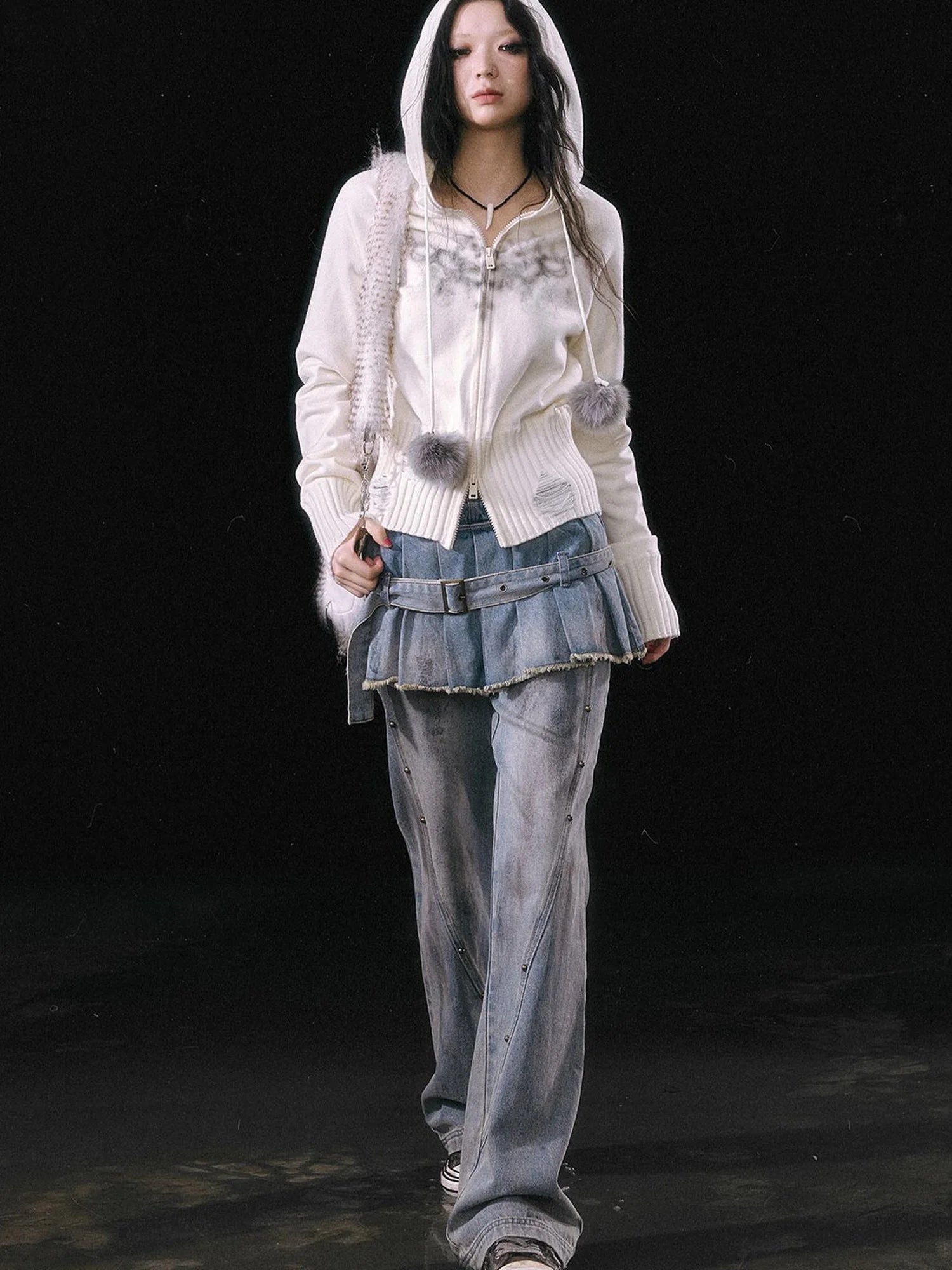 Dirty Wash Denim Cargo Culottes With Pleated Skirt