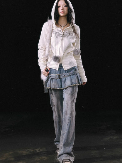 Dirty Wash Denim Cargo Culottes With Pleated Skirt