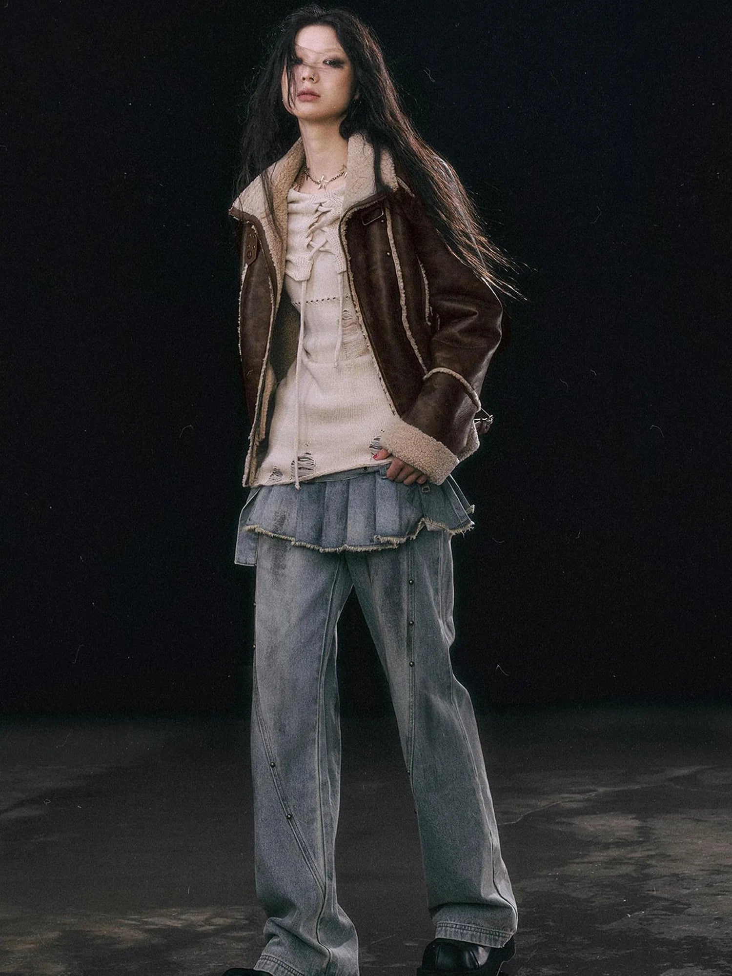 Dirty Wash Denim Cargo Culottes With Pleated Skirt