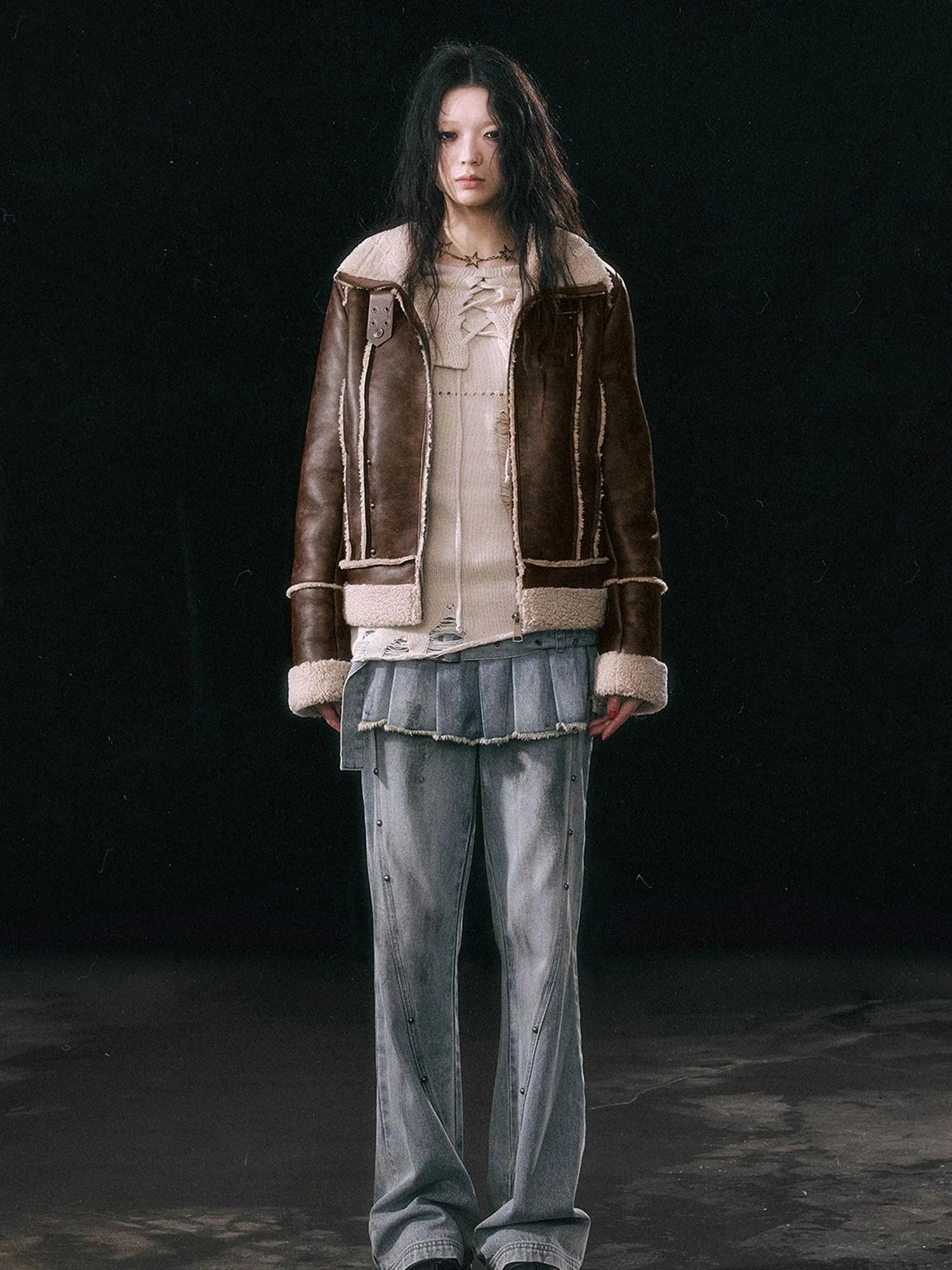 Dirty Wash Denim Cargo Culottes With Pleated Skirt