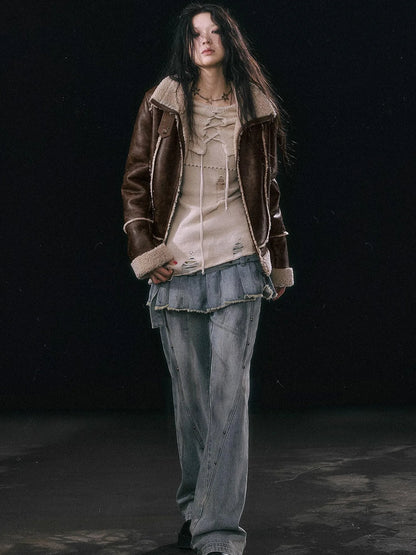 Dirty Wash Denim Cargo Culottes With Pleated Skirt