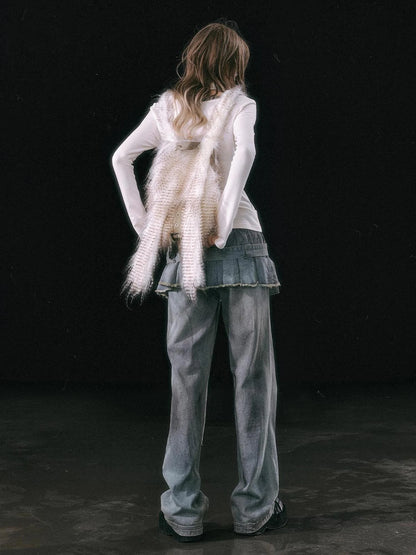 Dirty Wash Denim Cargo Culottes With Pleated Skirt