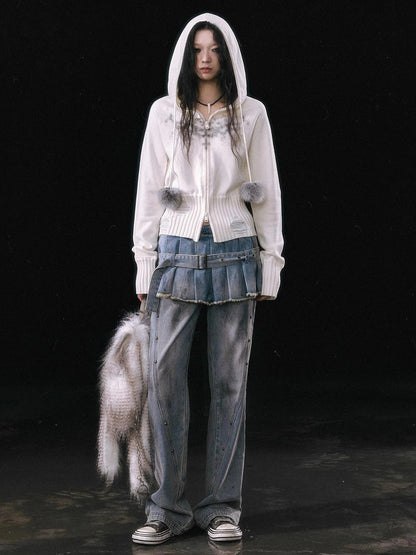 Dirty Wash Denim Cargo Culottes With Pleated Skirt