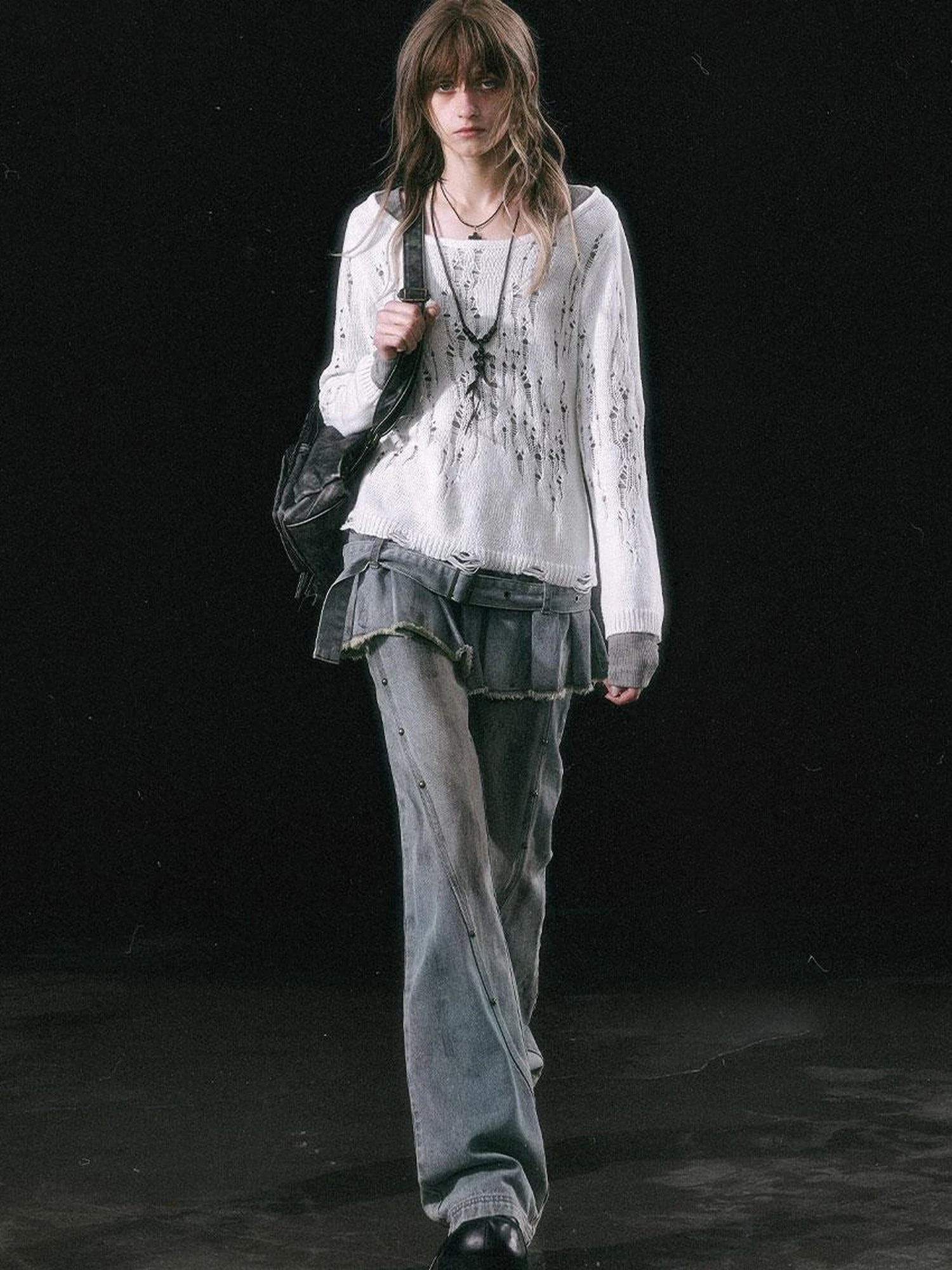 Dirty Wash Denim Cargo Culottes With Pleated Skirt