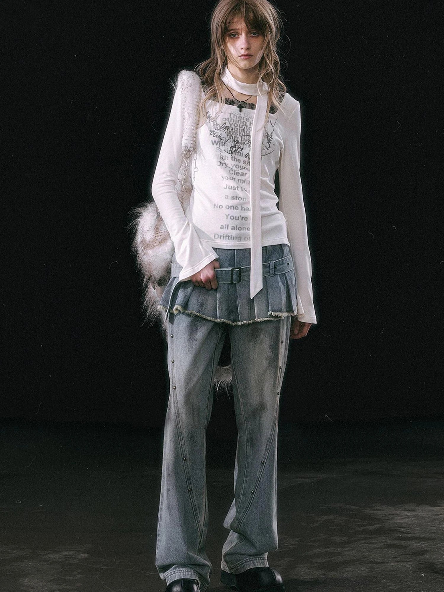 Dirty Wash Denim Cargo Culottes With Pleated Skirt