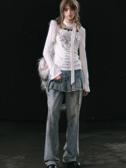 Dirty Wash Denim Cargo Culottes With Pleated Skirt