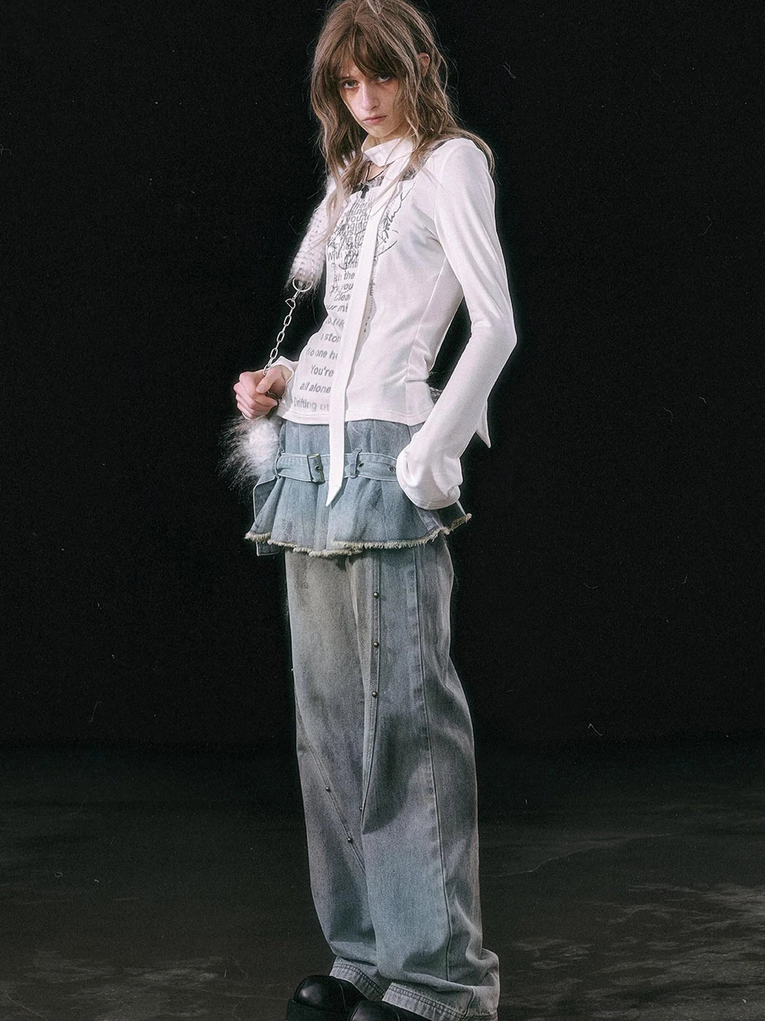 Dirty Wash Denim Cargo Culottes With Pleated Skirt