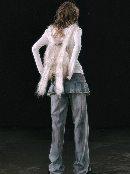 Dirty Wash Denim Cargo Culottes With Pleated Skirt