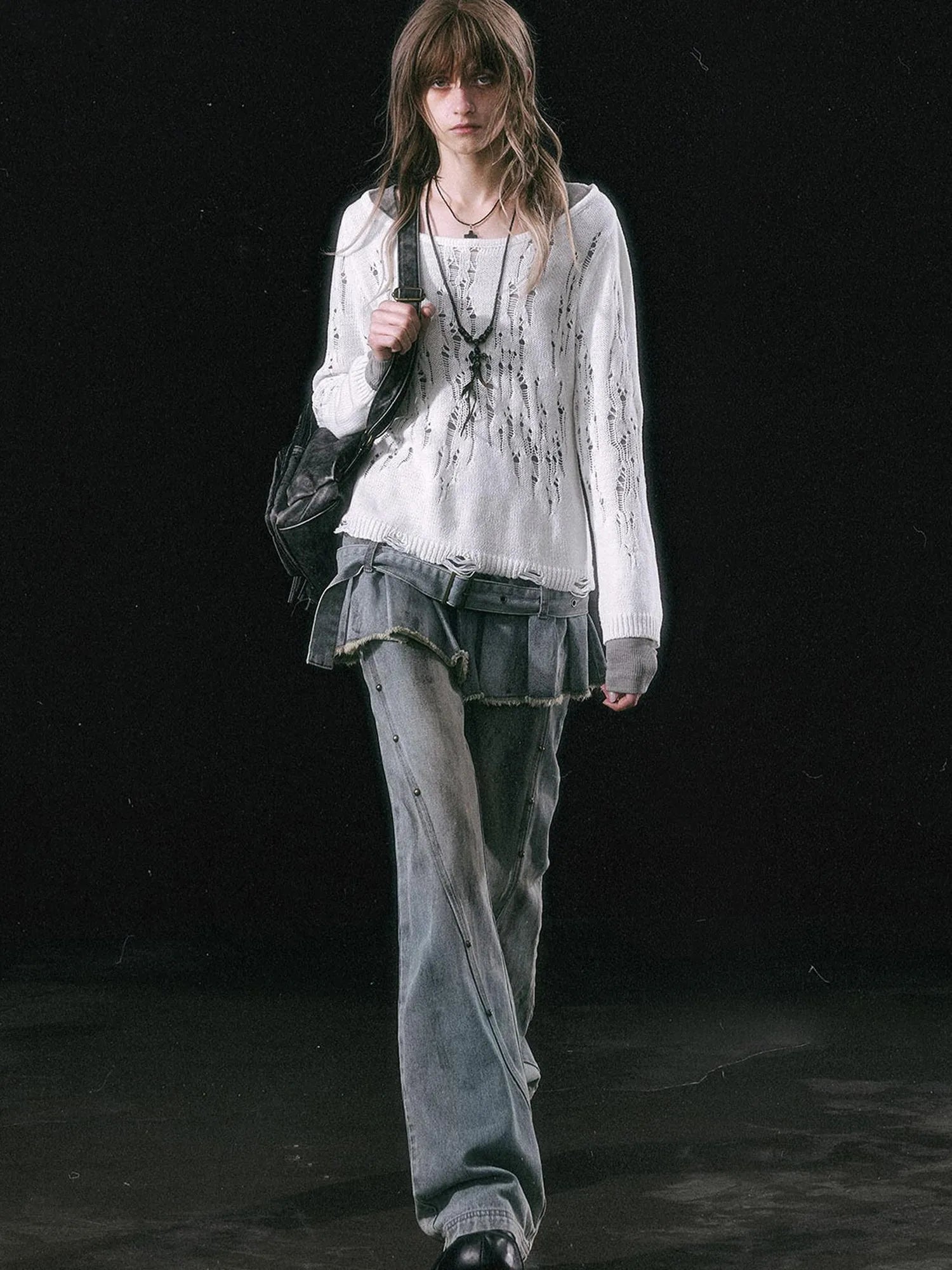 Dirty Wash Denim Cargo Culottes With Pleated Skirt