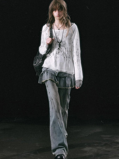 Dirty Wash Denim Cargo Culottes With Pleated Skirt