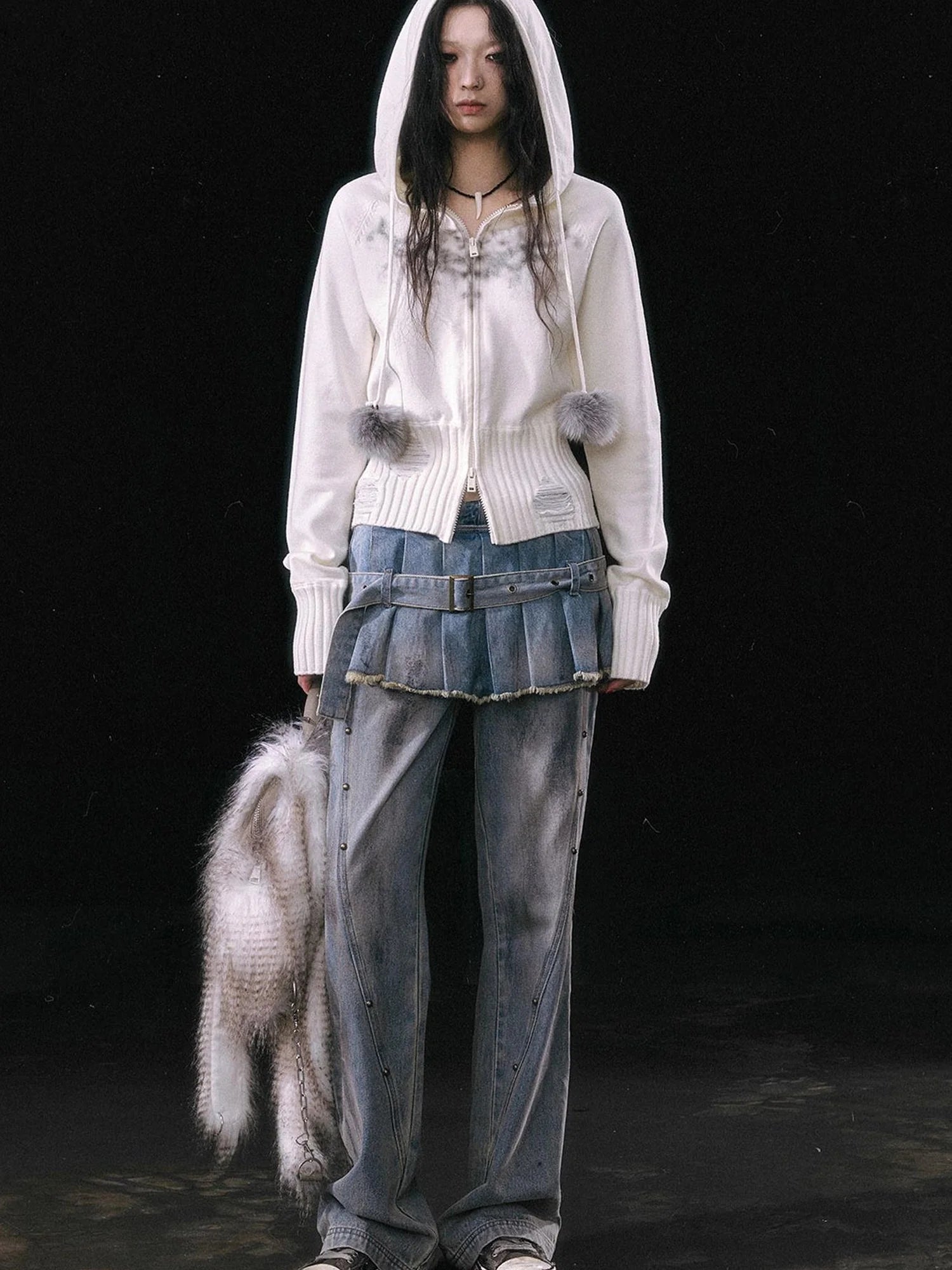 Dirty Wash Denim Cargo Culottes With Pleated Skirt