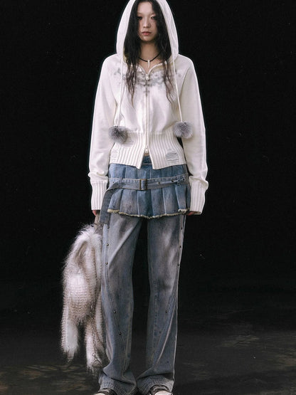 Dirty Wash Denim Cargo Culottes With Pleated Skirt