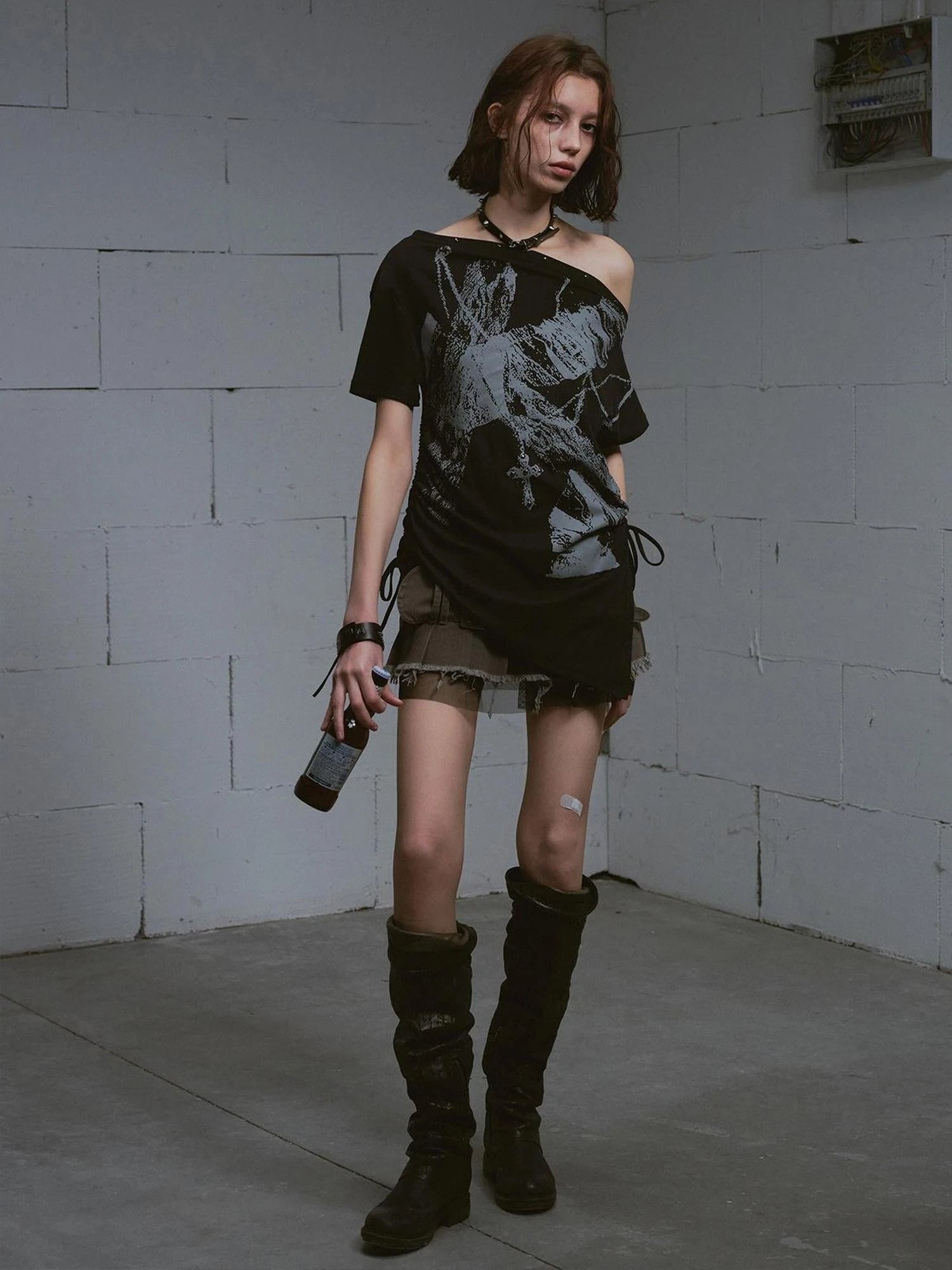 Distressed Print Off Shoulder Oversized Tee